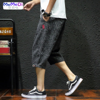 夏季系新款亚麻七分休闲裤男宽松加肥大码刺绣八分棉麻哈裤潮