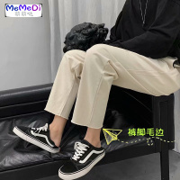 港风情侣 色百搭休闲西裤宽松潮流直筒坠感毛边九分工装裤男