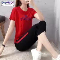 早晚休闲运动职业服套装女夏季学生宽松绣七分裤时尚短袖两件套