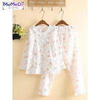 日系水洗布睡女夏长袖薄款白色碎花梭织人造棉布睡家居服套装