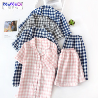 情侣睡 棉纱布格子短袖短裤男女士居家夏季开衫薄款家居服套装