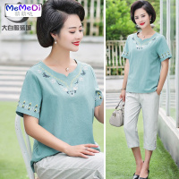 新款妈妈夏装短袖棉麻T恤上两件套中老年女装洋气高贵小衫套装