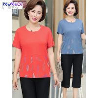 妈妈夏装两件套2020新款中年女洋气短袖T恤中老年人女装棉麻套装
