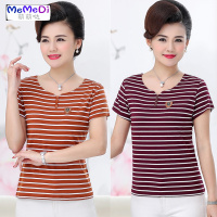 中老年女装妈妈装夏装短袖 棉条纹T恤衫上40-50岁打底衫汗衫潮
