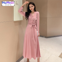 2020秋装新款红色连裙收腰显瘦气质V领长款过膝针织打底长裙女