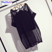 女装圆领短袖大码两件套头薄款上夏宽松大码韩版吊带纱网罩衫女