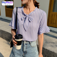 2020夏季新款韩版立领蝴蝶结条纹短袖雪纺衫女设计感众洋气上