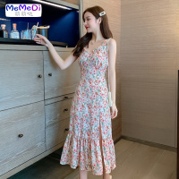 2020夏季新款v领无袖吊带裙女中长款过膝修身显瘦开叉碎花连裙