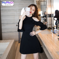 露肩裙女春夏中长款挂脖荷叶边连裙字肩显瘦气质派对礼服