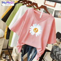 胖妹妹夏装雏菊V领T恤遮肚心机上韩版宽松大码女装显瘦减龄潮