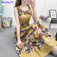 2020夏季收腰大摆波西米亚大码女装沙滩长裙无袖印花棉绸连裙女