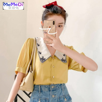 2020年夏季新款韩版刺绣娃娃领波点雪纺衫短袖港味复古洋气上女