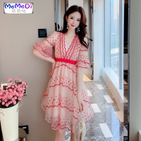 2020年新款裙子小个子法式初恋裙复古超仙女重工刺绣网纱连裙夏