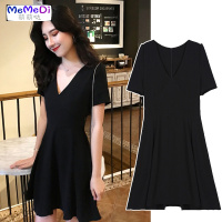 夏装2020年新款大码气质女装胖mm收腰显瘦黑色连裙子赫本轻熟风