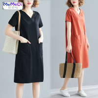 大码女装夏季宽松韩版中长款T恤裙子胖mm 色V领显瘦短袖连裙潮