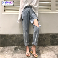 胖妹妹大码女装2020年新款夏装破洞牛仔裤女宽松乞丐高腰阔腿裤潮
