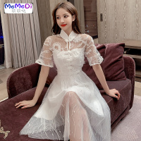 超仙2020夏新款复古中风改良旗袍连裙短袖盘扣蕾网纱仙女裙