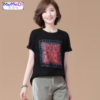 韩版大码2020年夏新款女装复古风印短袖T恤 休闲显瘦圆领上潮
