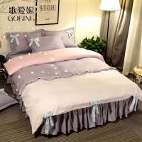 歌爱妮家纺2020全棉纯棉蝴蝶结粉蓝白少女心床裙式四件套公主风1.5/1.8m蕾丝床品