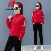 HUNNZ轻奢品牌金丝绒运动套装女休闲时尚加厚加绒套头卫衣两件套女2019年冬季新款(保养1-5天发货)