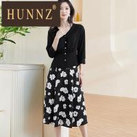 HUNNZ高档女装优雅休闲套装裙女日常穿黑色上衣印花半身裙两件套