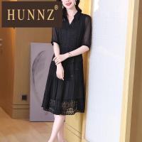 HUNNZ高档女装设计款低调真丝连衣裙洋气优雅遮肉显瘦桑蚕丝中长裙