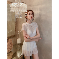 白色仙女范泳衣女闪电客夏保守连体时尚蕾丝温泉泳装