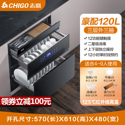 志高(CHIGO)嵌入式柜家用小型厨房多功能三层120L大容量高温碗柜 豪配①②⓪升外三层