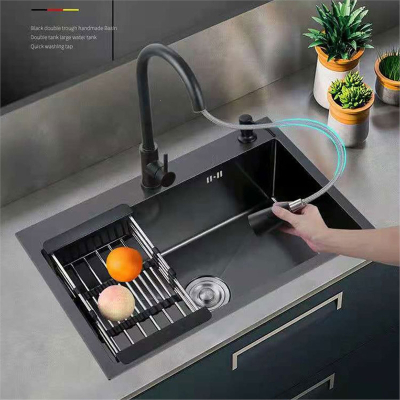 古达黑色水槽单槽加厚304不锈钢手工盆洗碗池厨房洗菜盆套餐