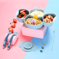 运智贝 儿童四格餐盘分食分格分隔吸盘套装男孩女孩宝宝幼儿婴儿辅食碗_蓝色-餐盘6件套