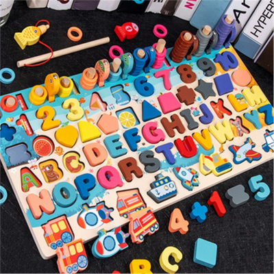 早教儿童木质多功能对数板数字字母形状交通钓鱼拼图拼板积木玩具魅扣