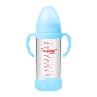 运智贝玻璃奶瓶宽口径婴儿奶瓶奶嘴带手柄吸管奶管大容量学饮杯_蓝280ml带吸管手柄底座