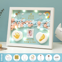 魅扣手足脚印宝宝纪念品胎毛满月手脚印百天手印泥相框满月手足印婴儿_12寸框蓝色绒球款