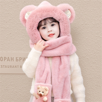 儿童帽子魅扣冬季男女童可爱萌护耳帽围巾手套一体帽小熊款宝宝套头帽