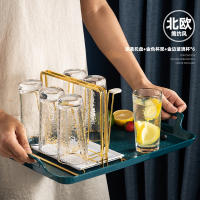 北欧长方形托盘家用法耐放水杯茶杯水壶杯架组合套装 餐盘水果托盘_深蓝托盘金色杯架金边玻璃杯x6