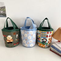 格子印花小号女水桶包手提便当饭盒零食杂物时光旧巷收纳手拎袋圆筒帆布包