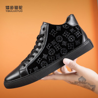 熠步骆驼男鞋镶钻头层牛皮联名款高帮靴子加绒棉鞋时尚休闲板鞋男