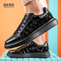熠步骆驼男鞋镶钻头层牛皮联名款新麦昆小白鞋黑色时尚休闲鞋