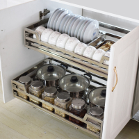 不锈钢拉篮方管法耐厨房橱柜双层缓冲抽屉式厨柜调味架碗碟碗篮