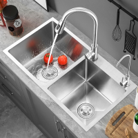 法耐厨房水槽双槽SUS304不锈钢手工加厚洗菜盆套餐台上台下洗手洗碗池