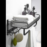 卫生间毛巾架古达免打孔浴室网篮挂架厕所壁挂黑色浴巾架卫浴置物架 升级折叠七件套R