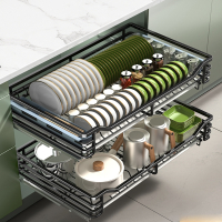 拉篮厨房橱柜双层抽屉式调味碗碟置物架碗盘柜收纳碗篮