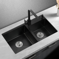 纳米厨房水槽双槽手工加厚不锈钢黑色家用洗菜盆洗碗盆大单槽