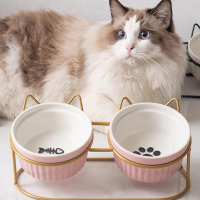 法耐猫碗盆陶瓷双碗防打翻可爱食盆猫咪吃饭碗喝水两用