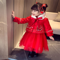 女童新年服冬装智扣洋气儿童中国风公主裙套装女孩红色拜年服