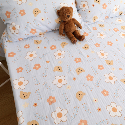 小花熊双层纱小清新ins卡通可爱智扣棉床单枕套被罩棉学生婴儿童