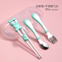 儿童筷子训练筷3岁6岁练习辅助筷幼儿吃饭筷勺6岁二段宝宝学习筷_勺叉筷套装小熊自动筷绿304勺叉送盒