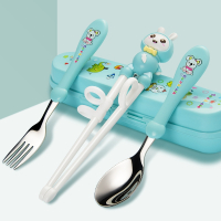 静蝉幽格儿童筷子训练筷3岁一二段宝宝练习辅助筷246岁幼儿学吃饭学习筷_湖水蓝小白兔4件套筷勺叉盒