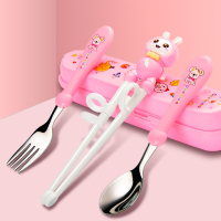 静蝉幽格儿童筷子训练筷3岁一二段宝宝练习辅助筷246岁幼儿学吃饭学习筷_樱花粉小白兔4件套筷勺叉盒