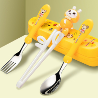 静蝉幽格童餐具套装幼儿园宝宝初学生专用训练筷子小孩握快学抓筷子_柠檬黄小白兔4件套筷勺叉盒